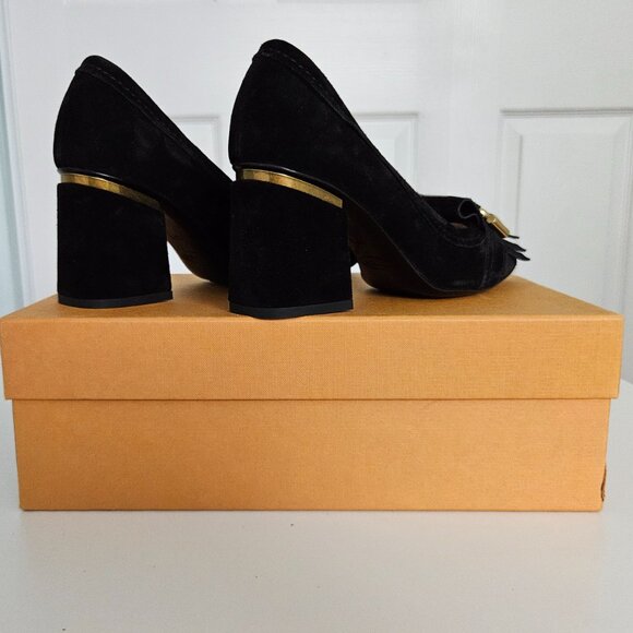 Tod’s Black Suede Block Heel Pumps with Gold Detail – Size US 6.5,  NWOT - Picture 5 of 8